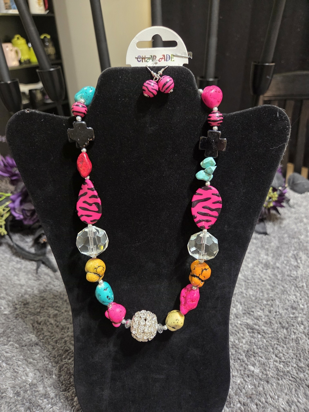 Charade Multicolor Zebra-Accent Statement Necklace - Pink & Turquoise